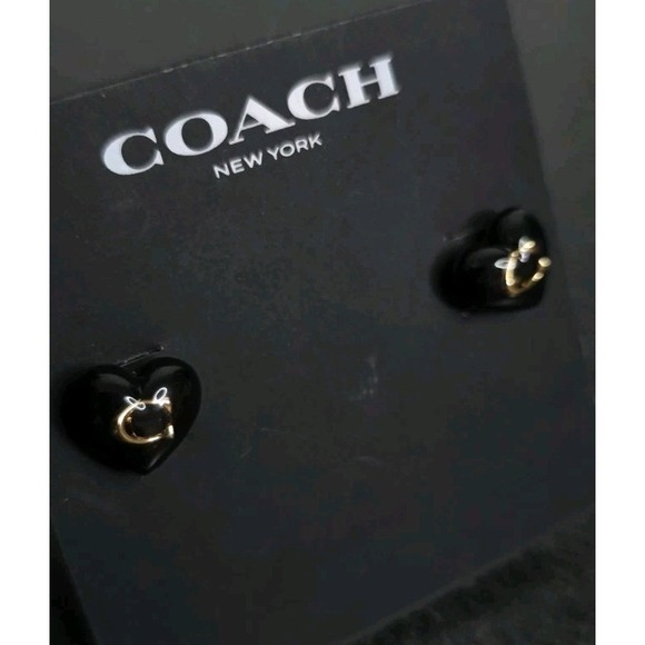 NEW COACH Women Signature C Heart Stud Earrings Black Gold - Picture 3 of 5